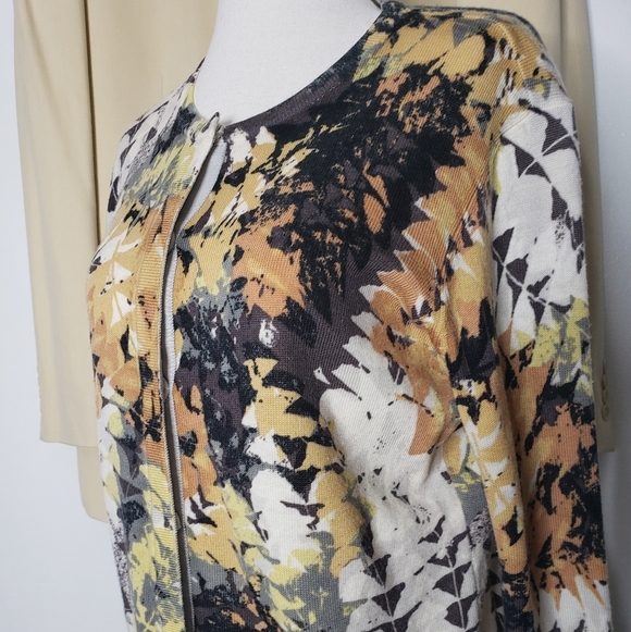 Worth Cardigan Multi Color Luxury Wool Winter Leaf Pattern Gold Spring Fall Chic - Picture 2 of 12